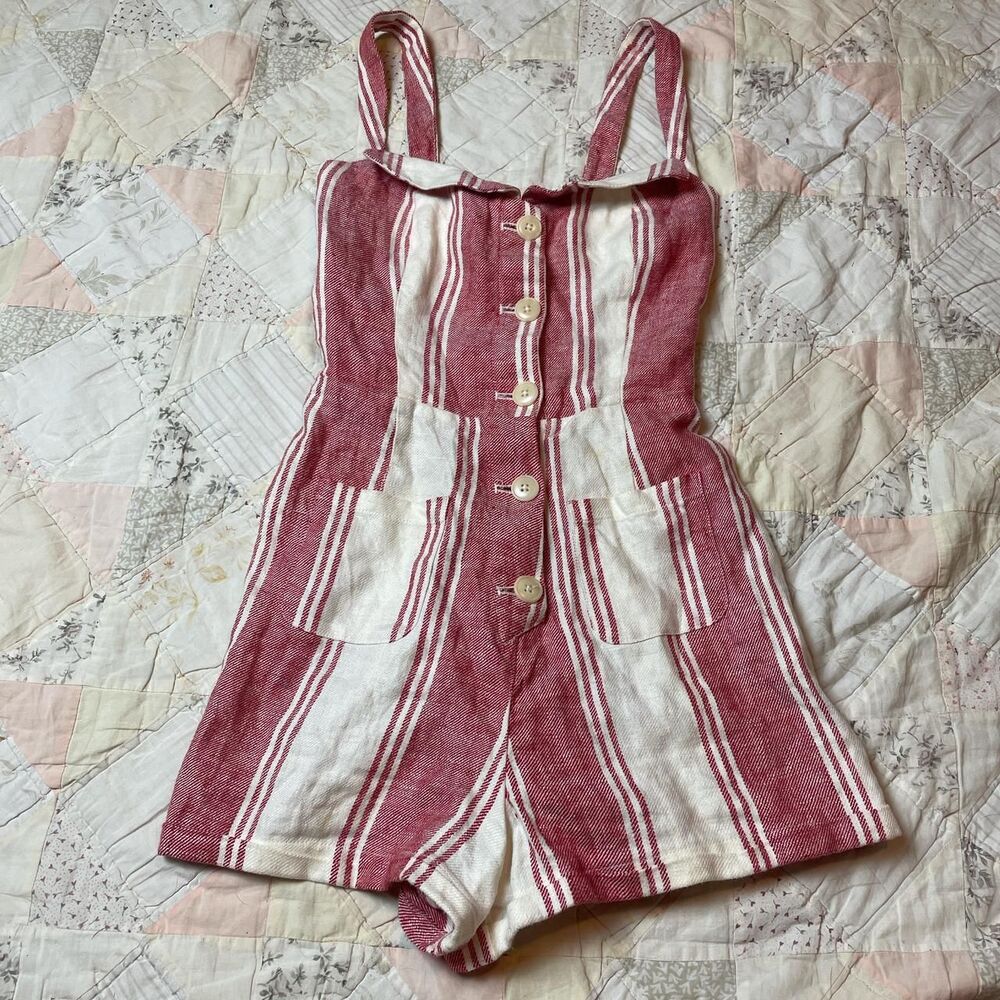 reformation preppy white and pink vertical stripe 100% linen romper size 0